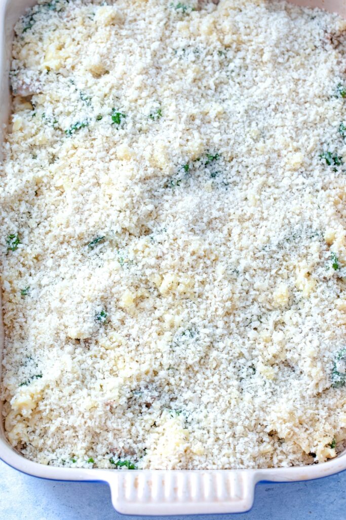 overhead view of baking dish topped with panko mixture