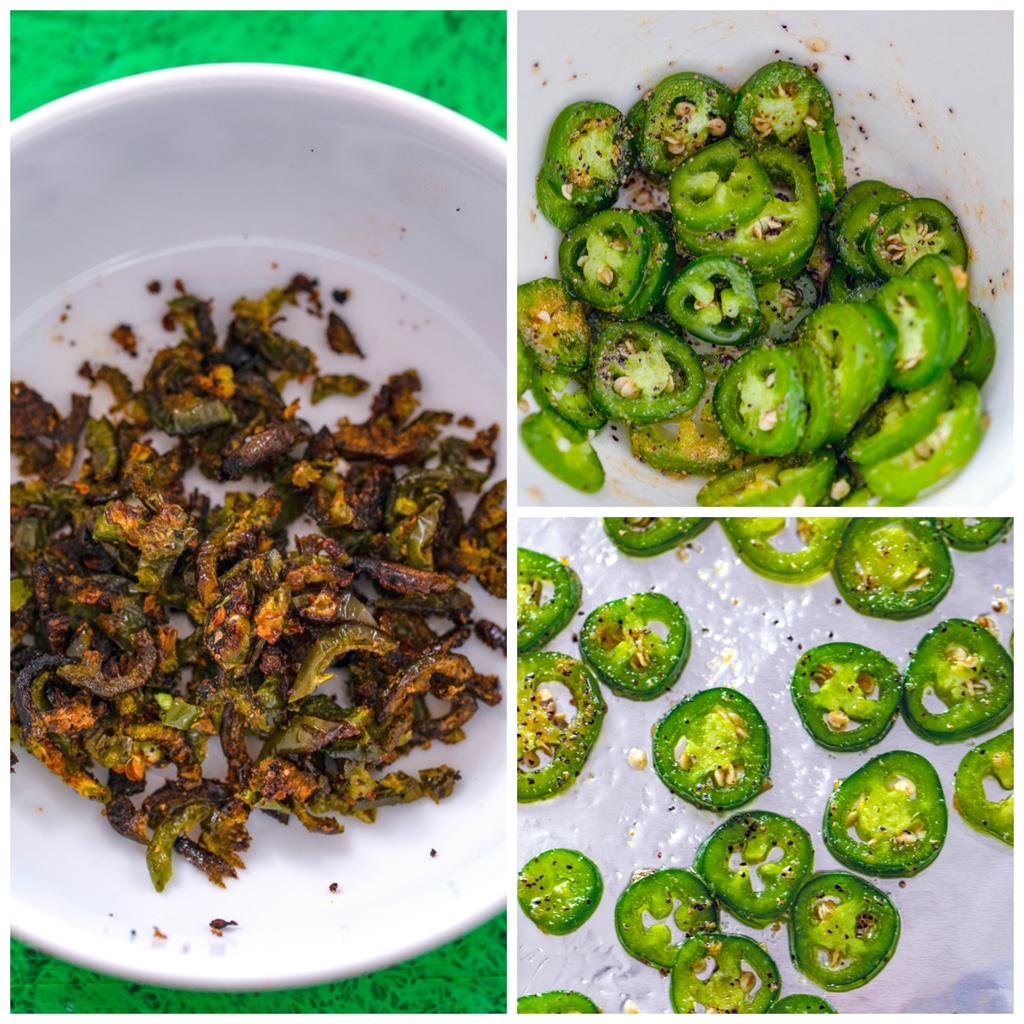 Collage showing process for roasting jalapeños, including jalapeño rounds with oil and spices in bowl, jalapeño rounds laid out on a baking sheet, and jalapeños roasted and chopped in a bowl