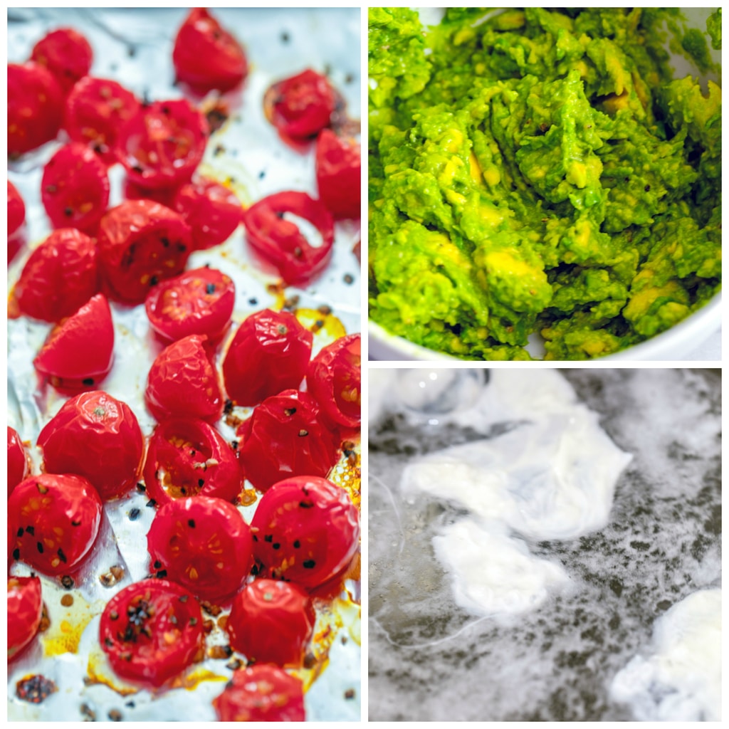 Collage showing process for making avocado egg toast, including tomatoes roasted on cookie sheet, avocado mashed in a bowl, and eggs poaching in water