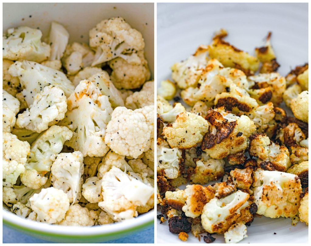 Collage showing process for roasting cauliflower, including cauliflower florets in a bowl tossed with olive oil and salt and pepper and cauliflower roasted and golden brown in a bowl