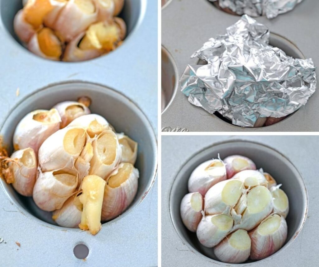 Collage showing process for roasting garlic in a muffin tin, including garlic head with top cut off, garlic head with foil covering it, and garlic roasted out of the oven