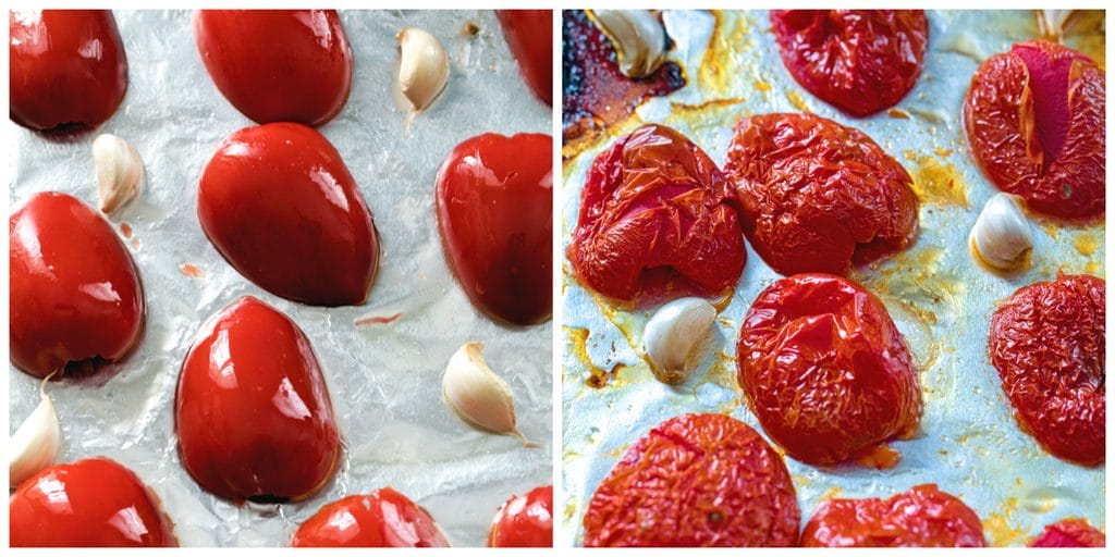 Collage showing tomatoes and garlic roasting, including one photo showing tomatoes and garlic on sheet pan before going in the oven and one picture with tomatoes and garlic after they've been roasted