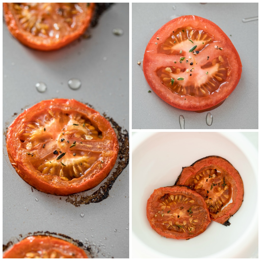 Collage showing sliced tomatoes on a baking sheet, sprinkled with thyme, salt, and pepper; showing the tomatoes roasted; and showing the tomatoes in a ramekin