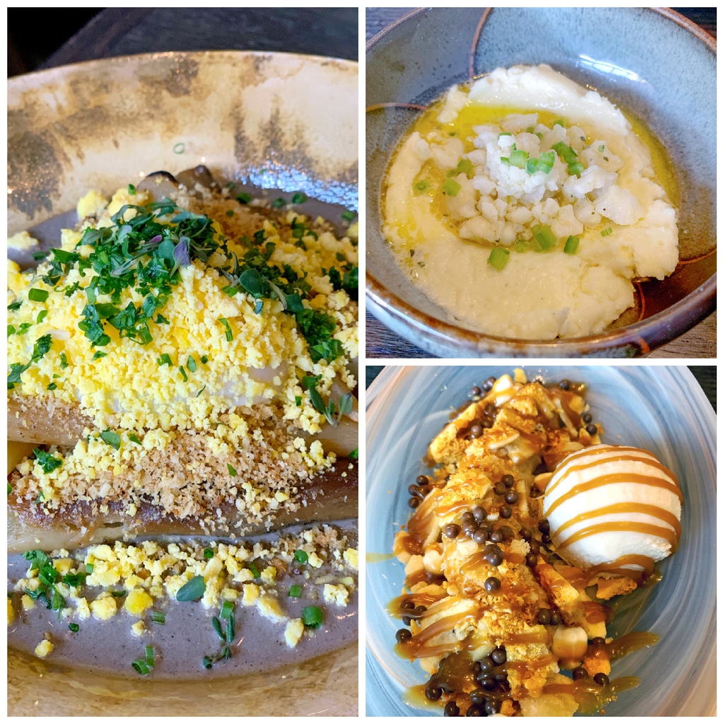 Collage showing various dishes from Chicago's Roister, including salsify, white cheddar rillettes, and banana split dessert