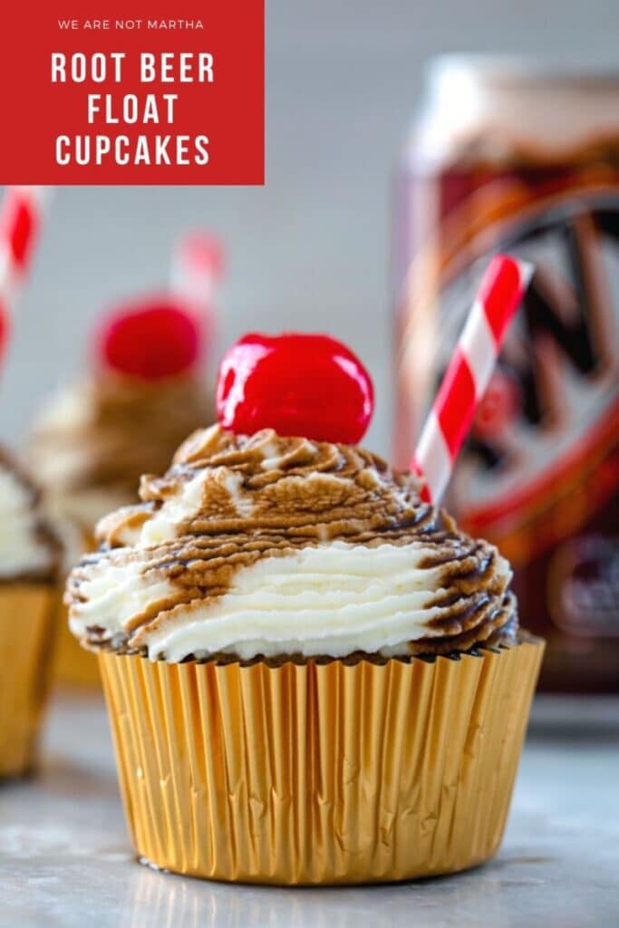 Root Beer Float Cupcakes are made with root beer soda cake, whipped cream frosting, and a delicious root beer syrup! | wearenotmartha.com #rootbeerfloats #rootbeer #cupcakes #sodadesserts #desserts