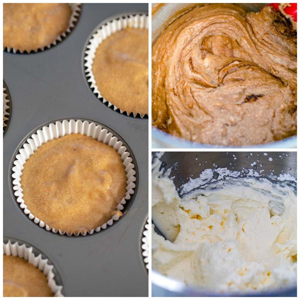 Collage showing process of making cupcakes, including cupcake batter being mixed, cupcake batter in tin, and whipped cream frosting being beaten