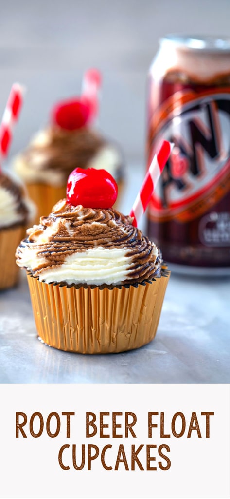 Soda craving? These Root Beer Float Cupcakes topped with a whipped cream frosting and root beer syrup (and a cherry, obviously) will totally hit the spot | wearenotmartha.com