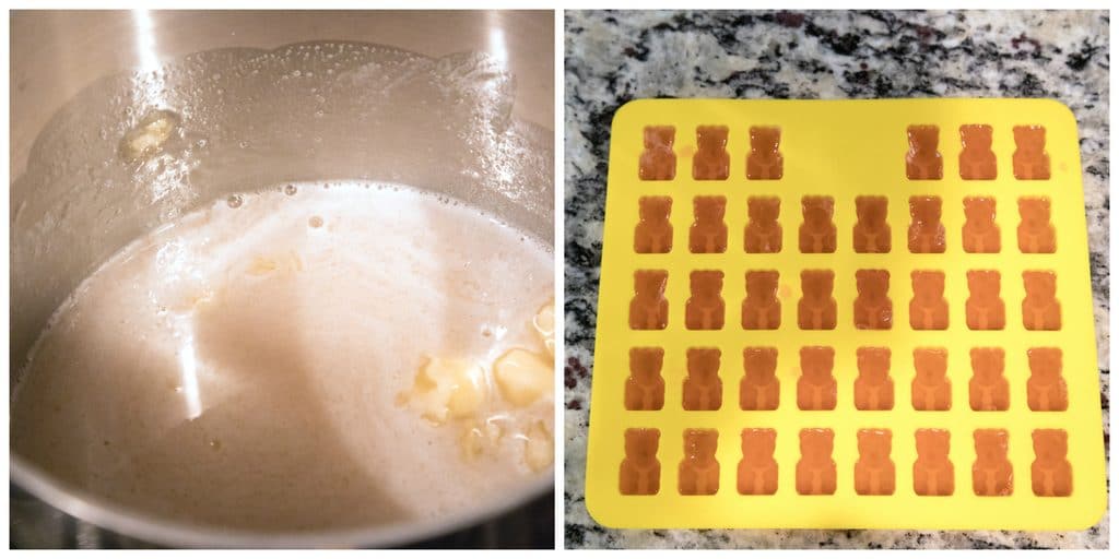 Collage showing process for making rosé gummies, including wine and gelatin in saucepan and gummy bear molds filled with wine mixture