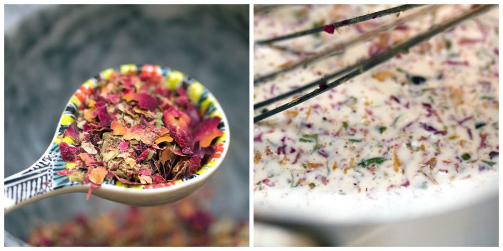 Collage showing process for making rose buttercream, including closeup of ground rosebuds and rosebuds being whisked into saucepan with milk