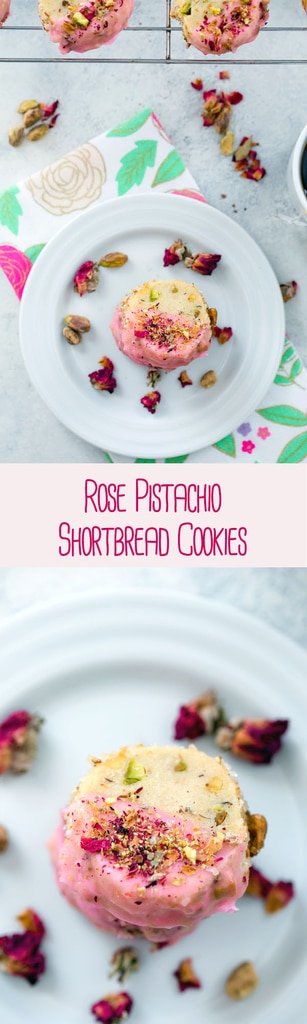 Rose Pistachio Shortbread Cookies -- These cookies take the best ever shortbread cookie recipe and add a fresh twist with crushed pistachio nuts and a pink rose petal icing | wearenotmartha.com #cookies #shortbread #pistachio #rose