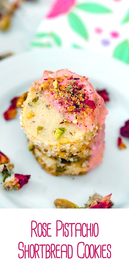 Rose Pistachio Shortbread Cookies -- These cookies take the best ever shortbread cookie recipe and add a fresh twist with crushed pistachio nuts and a pink rose petal icing | wearenotmartha.com