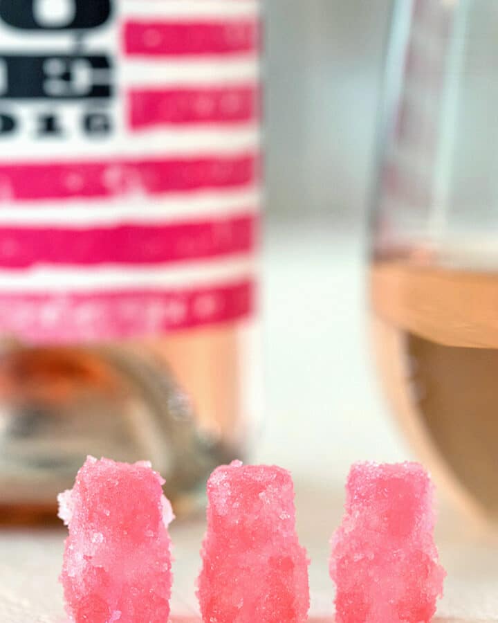 Rosé Sour Patch Kids -- These easy-to-make Rosé Sour Patch Kids are homemade wine gummy bears with a sweet and sour coating. Perfect for parties! | wearenotmartha.com #gummies #sourpatchkids #sour #candy