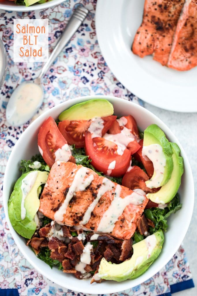 Salmon BLT Salad -- If you love BLT sandwiches, you'll love this Salmon BLT Salad with Chipotle Buttermilk Dressing. It takes the classic sandwich and flips it into a healthier, antioxidant-packed meal | wearenotmartha.com