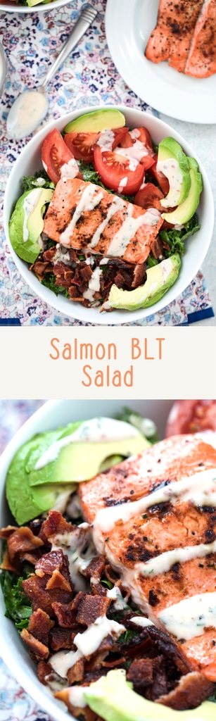 Salmon BLT Salad -- If you love BLT sandwiches, you'll love this Salmon BLT Salad with Chipotle Buttermilk Dressing. It takes the classic sandwich and flips it into a healthier, antioxidant-packed meal | wearenotmartha.com