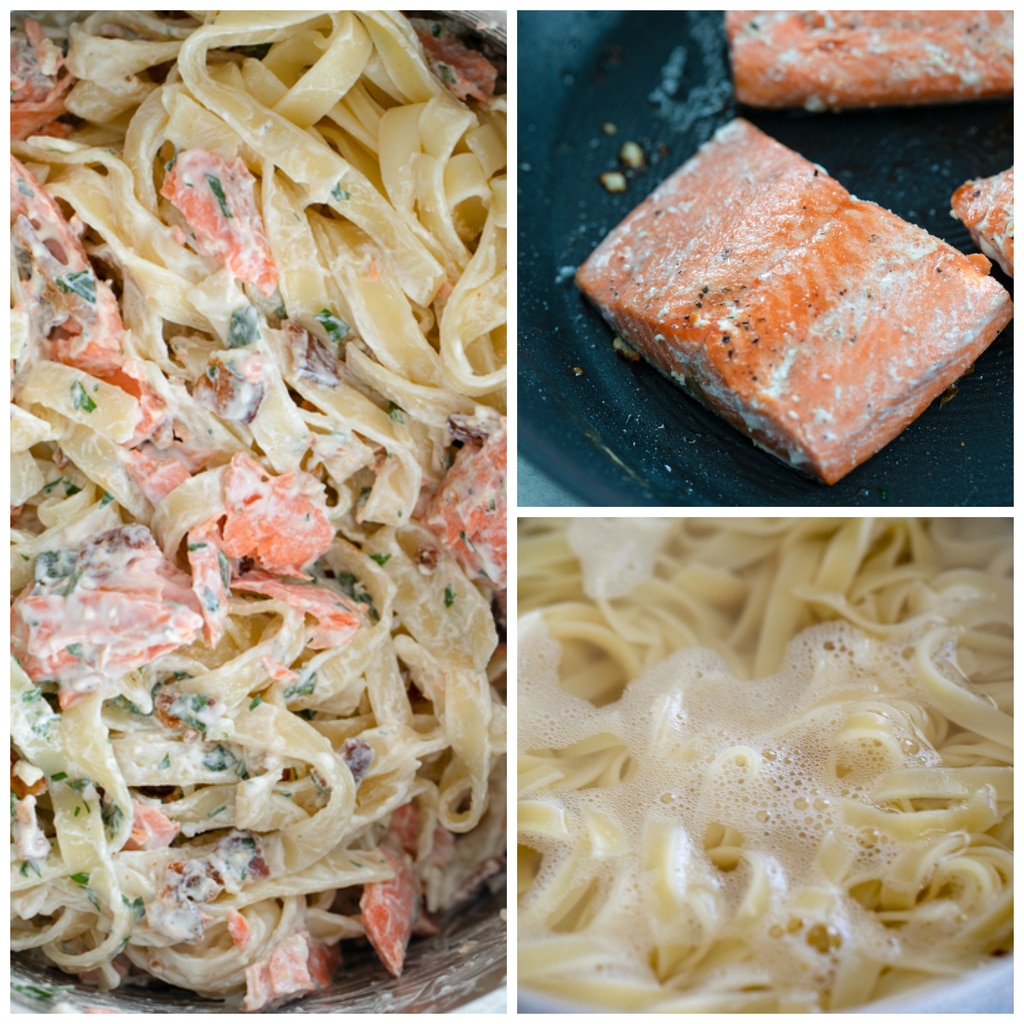 Collage showing close-up of caesar dressing covered fettuccine with bacon and herbs, pan with salmon cooking, and pot with fettuccine boiling