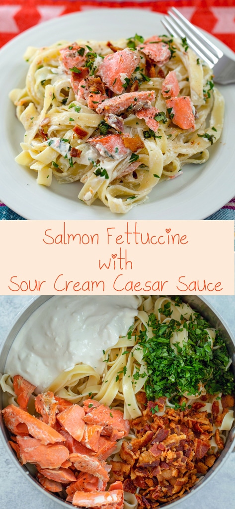 Salmon Fettuccine with Sour Cream Caesar Sauce – This deliciously creamy salmon pasta dish is packed full of flavor thanks to a caesar sauce made with Hood Sour Cream, lots of fresh herbs, and bacon. It’s incredibly easy to make and will be on your table in no time! | wearenotmartha.com #caesar #pasta #sourcream #dinner #salmon
