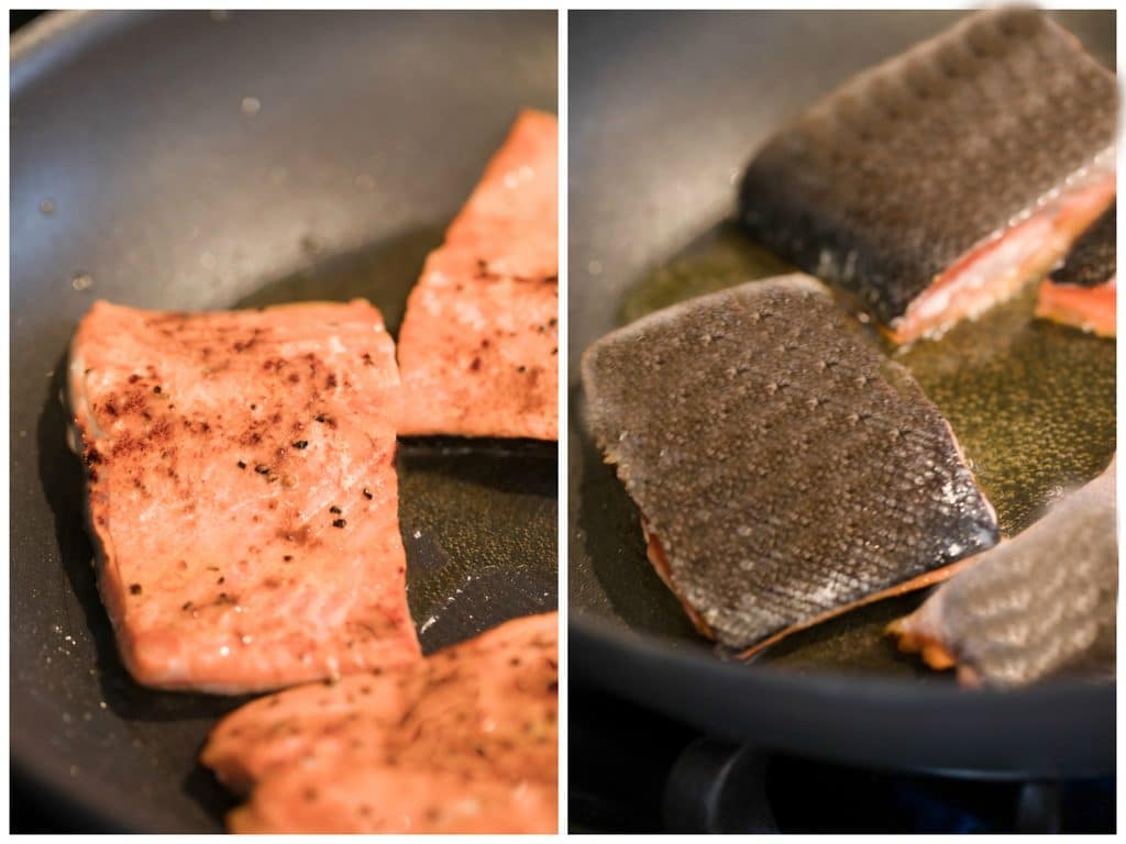 Collage showing salmon cooking in pan, both skin-side up and skin-side down