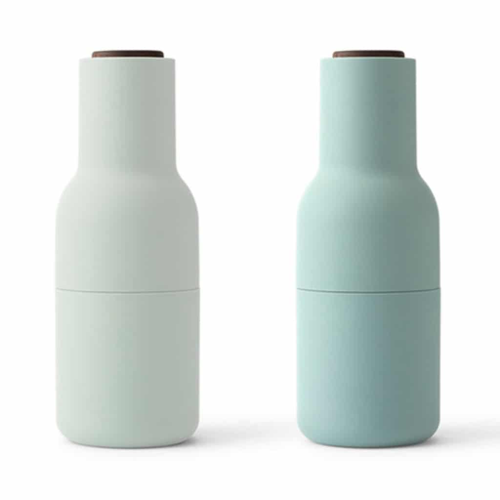 Teal bottle grinders for salt and pepper