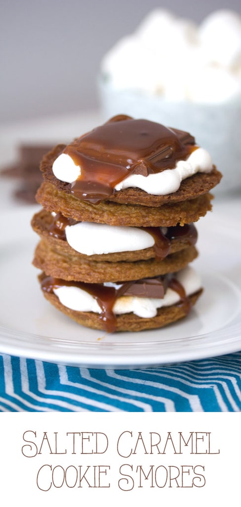 Salted Caramel Cookie S'mores -- These Salted Caramel Cookie S'mores take a classic summertime campfire treat and make it even more delightful with graham cracker cookies and lots of salted caramel | wearenotmartha.com #smores #saltedcaramel #cookiesmores