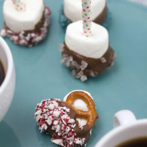Salted Caramel Hot Cocoa Peppermint Pretzel Bites -- An easy to make holiday dessert! | wearenotmartha.com