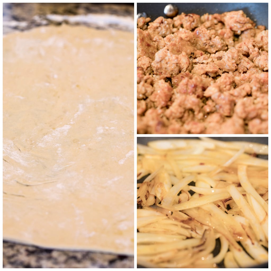 A collage showing flatbread dough rolled out into a rectangle, sausage cooked in pan, and onions lightly browned in pan