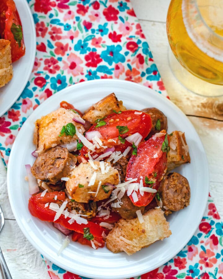 Sausage Panzanella -- It's easy enough to fall in love with tomato and bread salads, but when sausage is added? You'll be obsessed with this Sausage Panzanella salad this summer! | wearenotmartha.com #panzanella #summersalads #summer #tomatoes #sausage