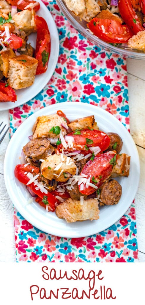 Sausage Panzanella -- It's easy enough to fall in love with tomato and bread salads, but when sausage is added? You'll be obsessed with this Sausage Panzanella salad this summer! | wearenotmartha.com #panzanella #summersalads #summer #tomatoes #sausage