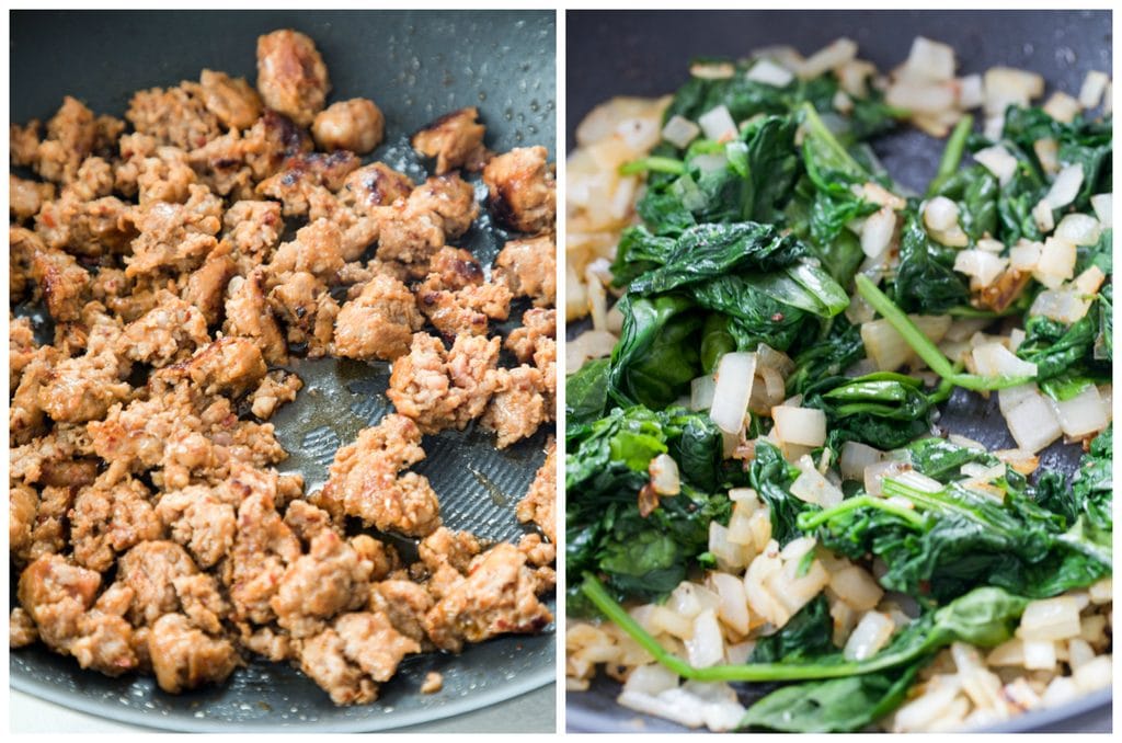 Collage showing sausage cooking and spinach and onions cooking for strata