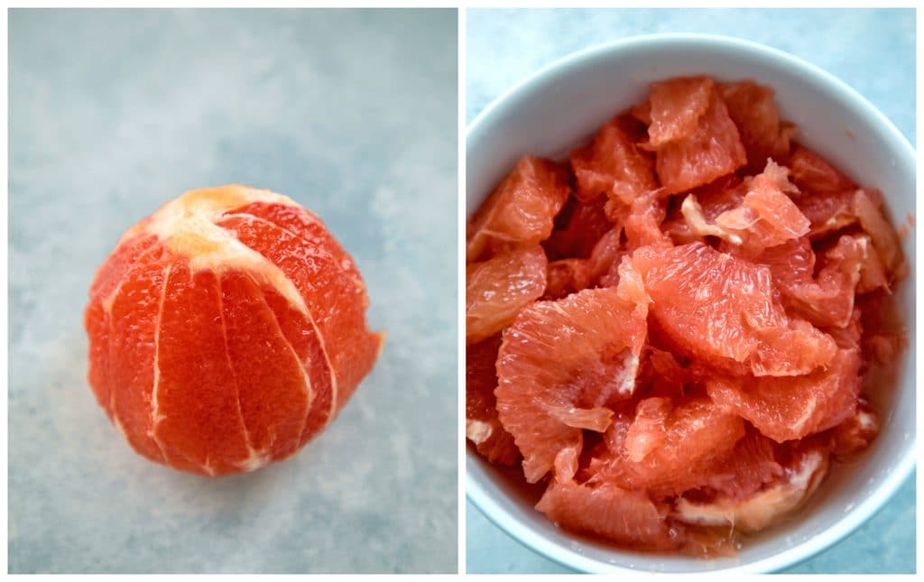 Collage showing grapefruit with peel and pith removed and a bowl with grapefruit sections in it