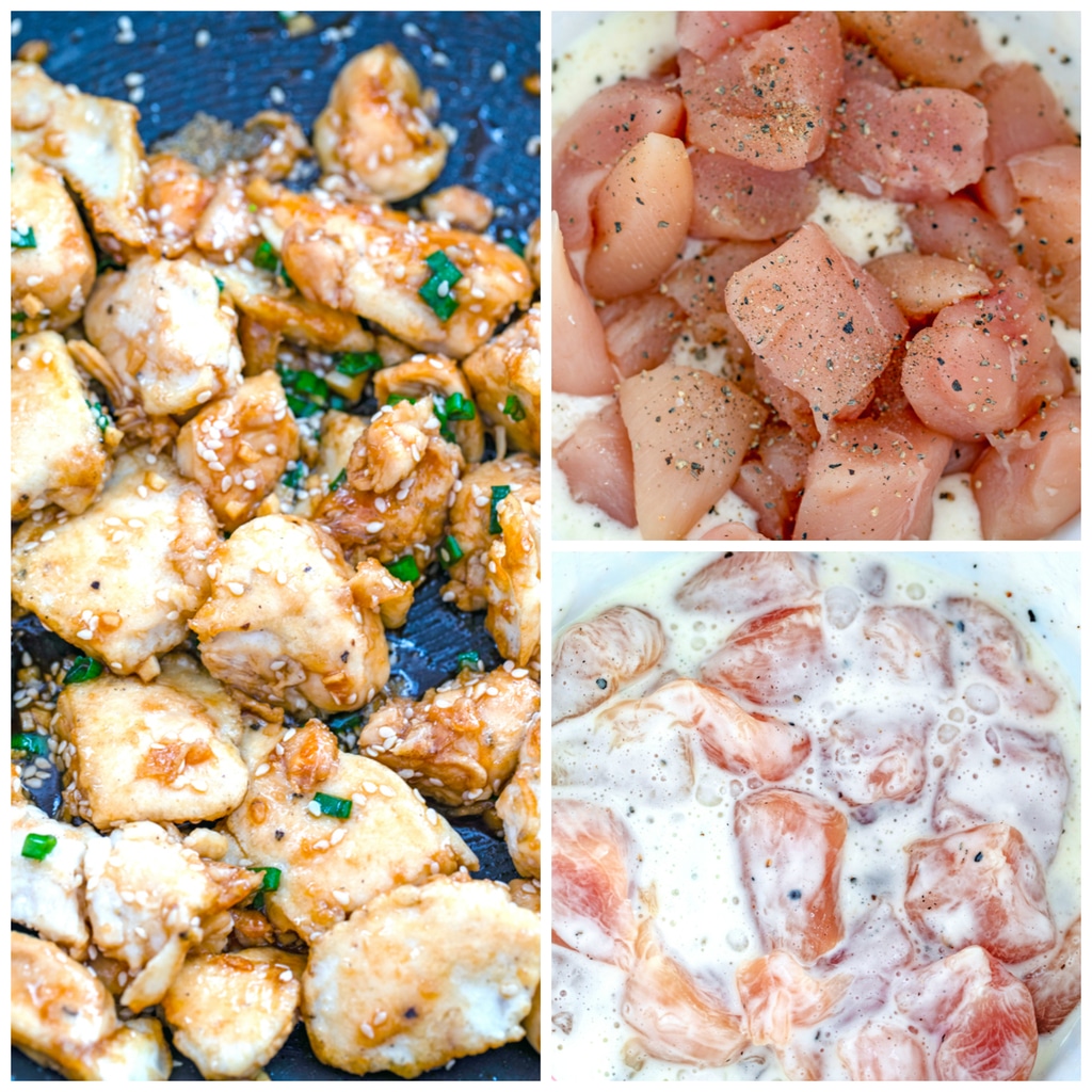 Collage showing process for making sesame chicken, including chicken in egg white and cornstarch mixture, chicken tossed in egg white and cornstarch mixture, and sesame chicken in sauce and scallions in skillet