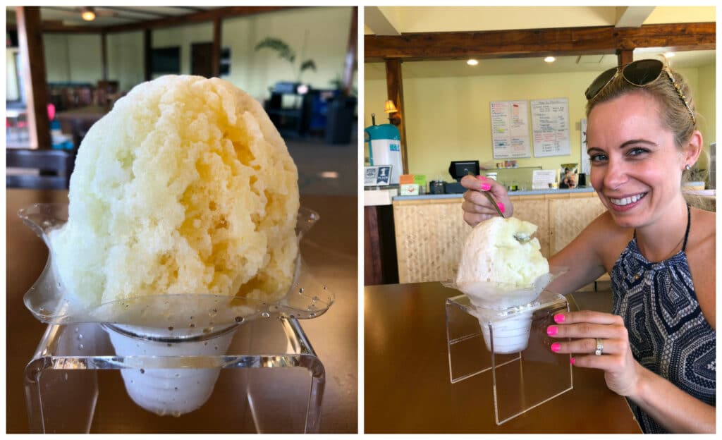 Lime, passionfruit, coconut shave ice and Sues eating shave ice at One Aloha Shave Ice in Kona on the Big Island of Hawaii