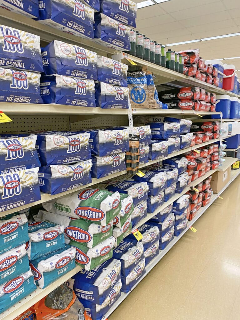 View of shelves with grilling supplies at Shaw's