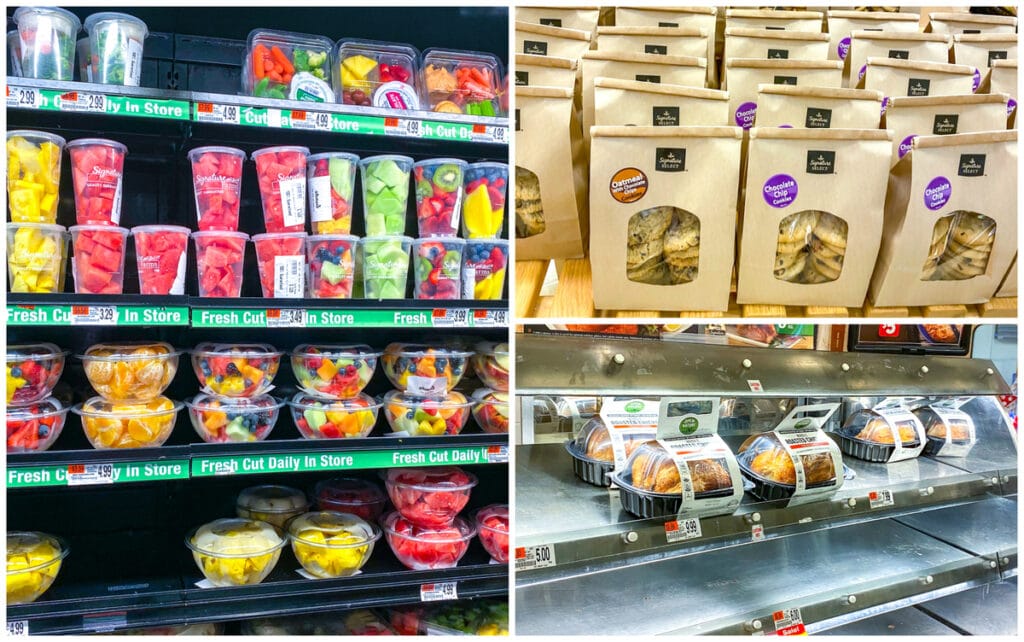 Pre-cut fruits on grocery store shelves and packaged cookies and rotisserie chickens at store.