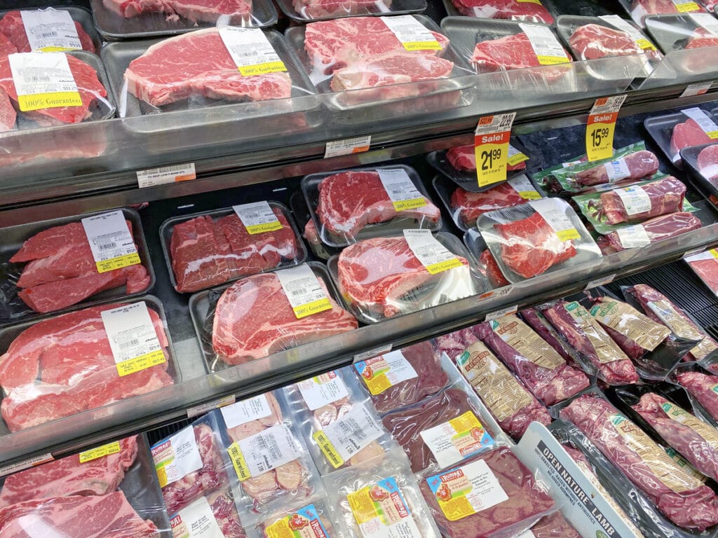 View of selection of meats in meat department at Shaw's