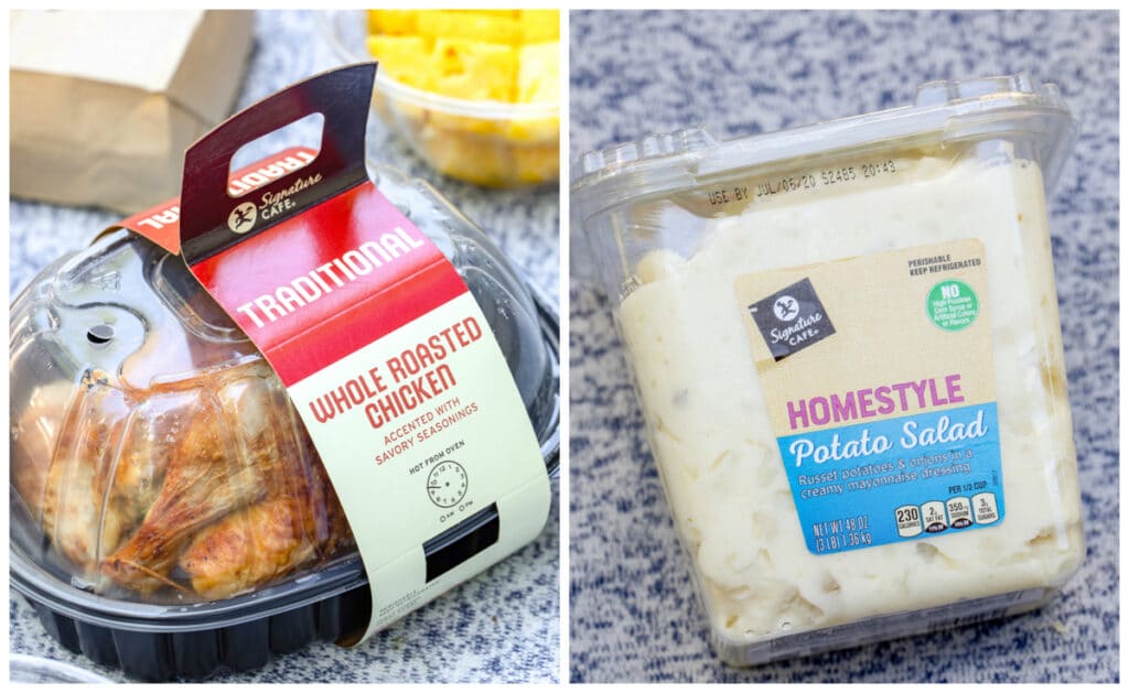 Rotisserie chicken in package and potato salad in container from grocery store.