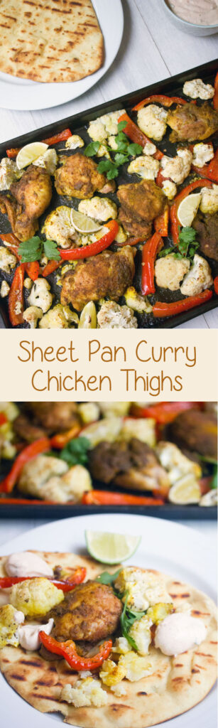 Sheet Pan Curry Chicken Thighs -- a sheet pan dinner with cauliflower and peppers, served with naan and yogurt sauce! | wearenotmartha.com