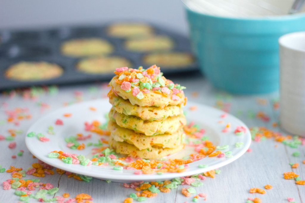 Sherbet Fruity Pebbles Pancakes -- Pancakes made in a whoopie pie pan! | wearenotmartha.com