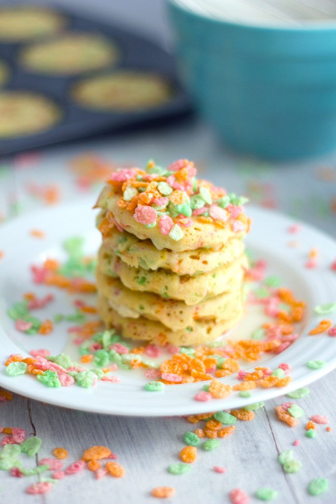 Sherbet Fruity Pebbles Pancakes -- Pancakes made in a whoopie pie pan! | wearenotmartha.com