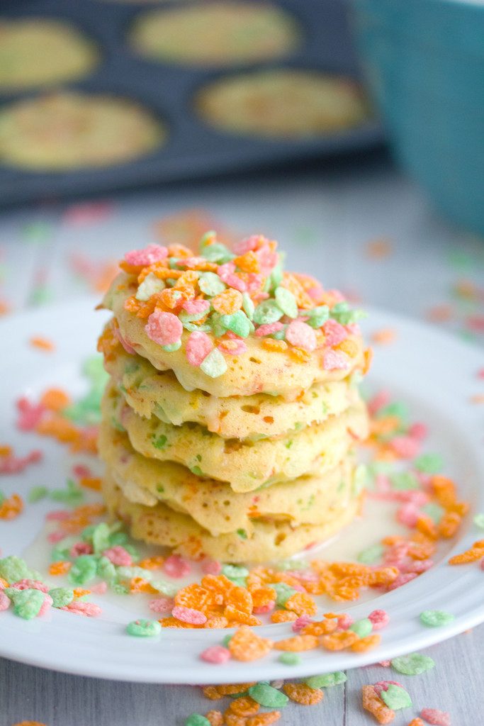 Sherbet Fruity Pebbles Pancakes -- Pancakes made in a whoopie pie pan! | wearenotmartha.com