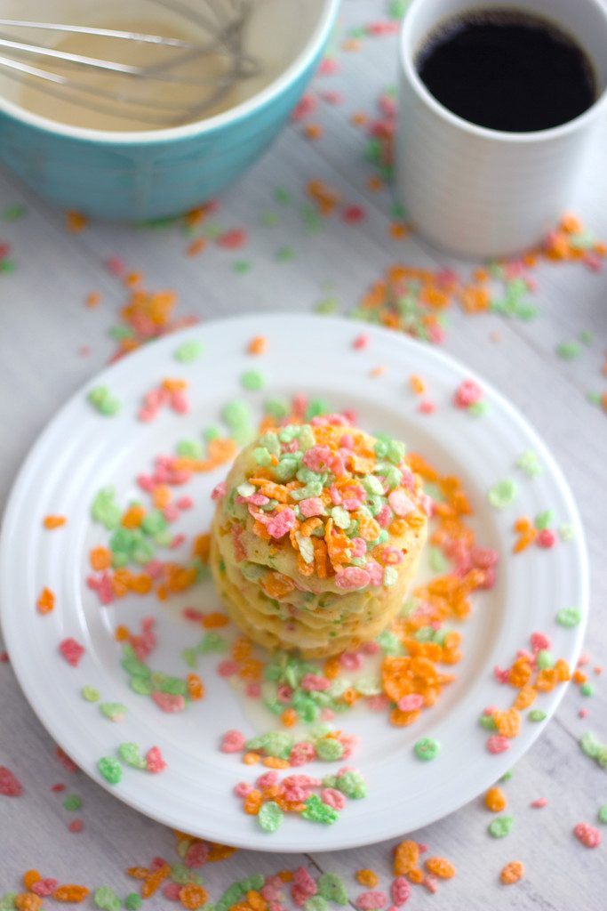 Sherbet Fruity Pebbles Pancakes -- Pancakes made in a whoopie pie pan! | wearenotmartha.com