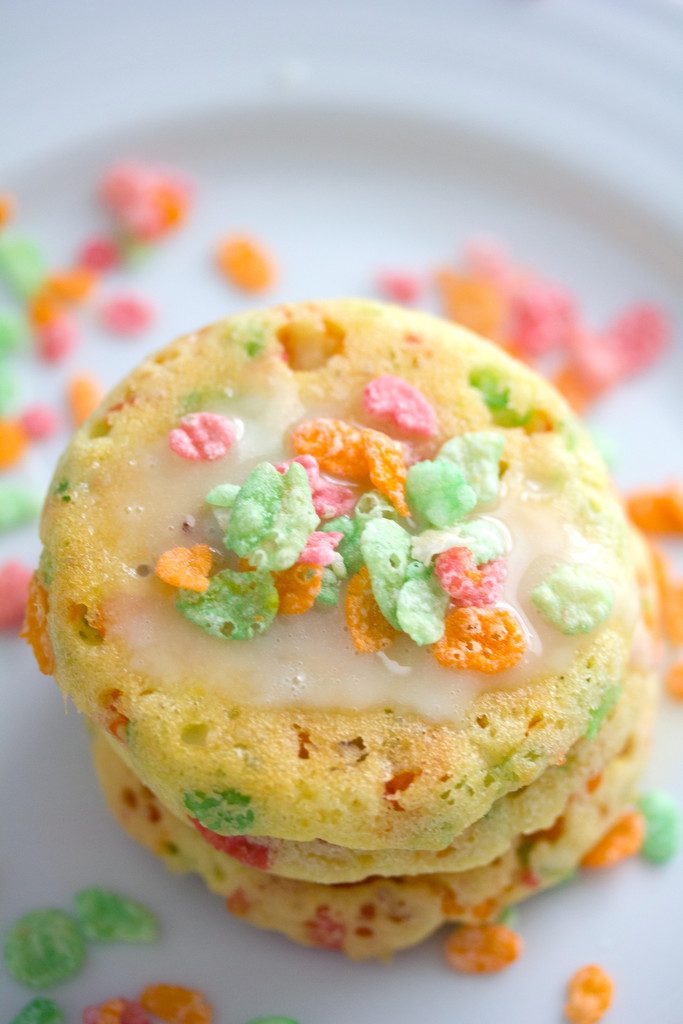 Sherbet Fruity Pebbles Pancakes -- Pancakes made in a whoopie pie pan! | wearenotmartha.com