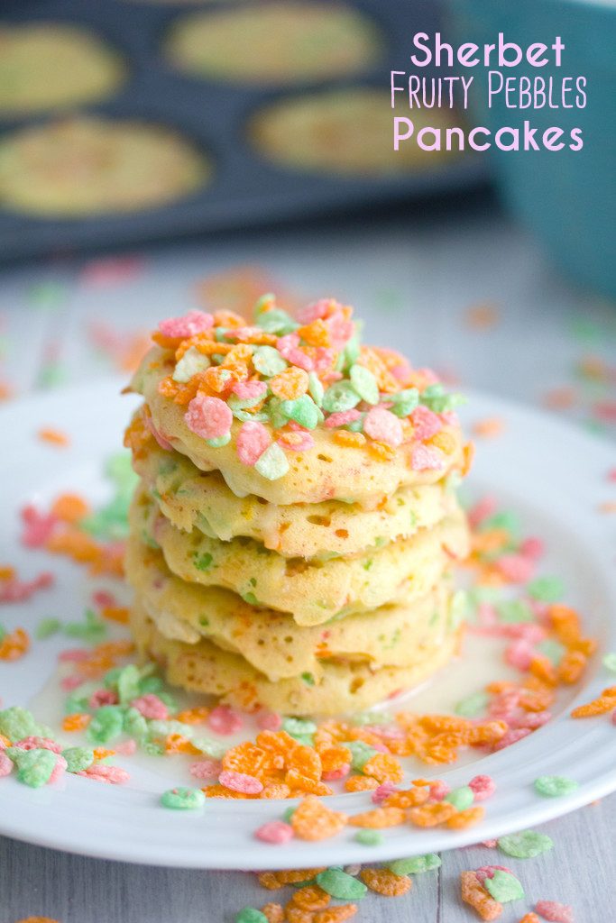 Sherbet Fruity Pebbles Pancakes -- Pancakes made in a whoopie pie pan! | wearenotmartha.com