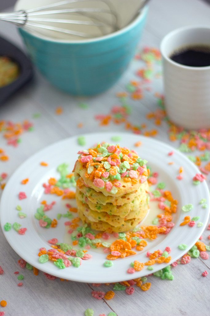 Sherbet Fruity Pebbles Pancakes -- Pancakes made in a whoopie pie pan! | wearenotmartha.com