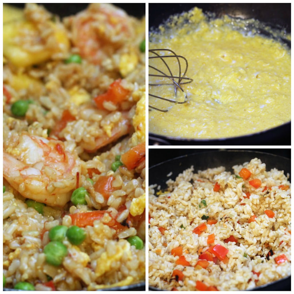 Collage showing making of chili mango shrimp pineapple fried rice, including eggs being scrambled, rice being cooked with peppers, and shrimp and other ingredients being tossed with rice