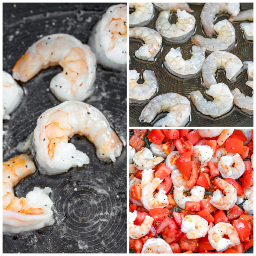 Collage with one photo showing process for cooking shrimp in olive oil and one photo showing shrimp and chopped tomatoes in pan together