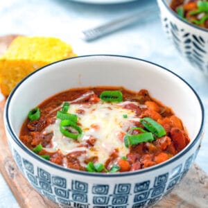 Slow Cooker Chili -- This Slow Cooker Chili simply requires browning the meat, chopping some veggies, and then cooking on low for 8 hours. It doesn't get much easier (or delicious!) than that! | wearenotmartha.com