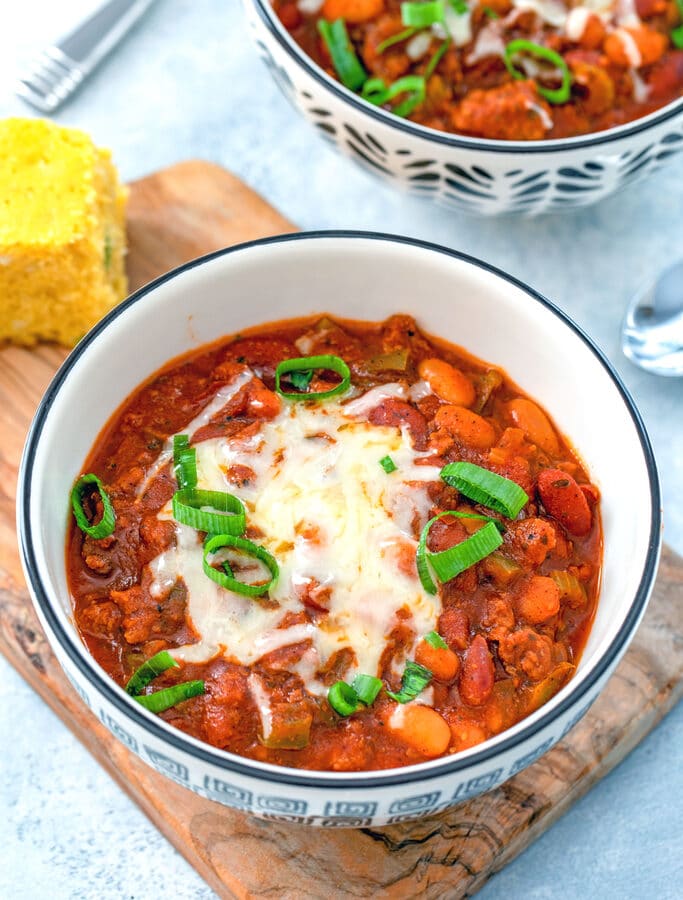 Slow Cooker Chili -- This Slow Cooker Chili simply requires browning the meat, chopping some veggies, and then cooking on low for 8 hours. It doesn't get much easier (or delicious!) than that! | wearenotmartha.com