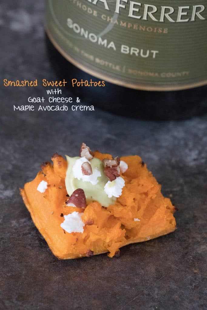 Smashed Sweet Potatoes -- The perfect fall appetizer or side dish, topped with Maple Avocado Crema, goat cheese, and pecans | wearenotmartha.com