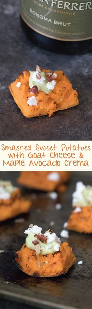 Smashed Sweet Potatoes -- The perfect fall appetizer or side dish, topped with Maple Avocado Crema, goat cheese, and pecans | wearenotmartha.com