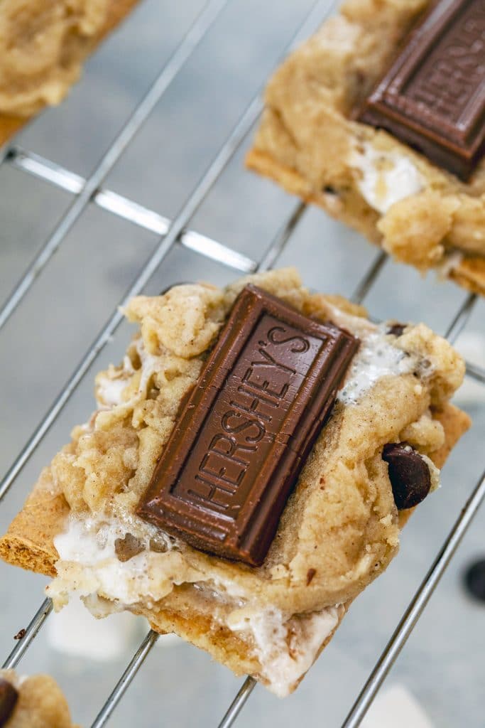 Baking rack with s'mores cookie bar fully baked